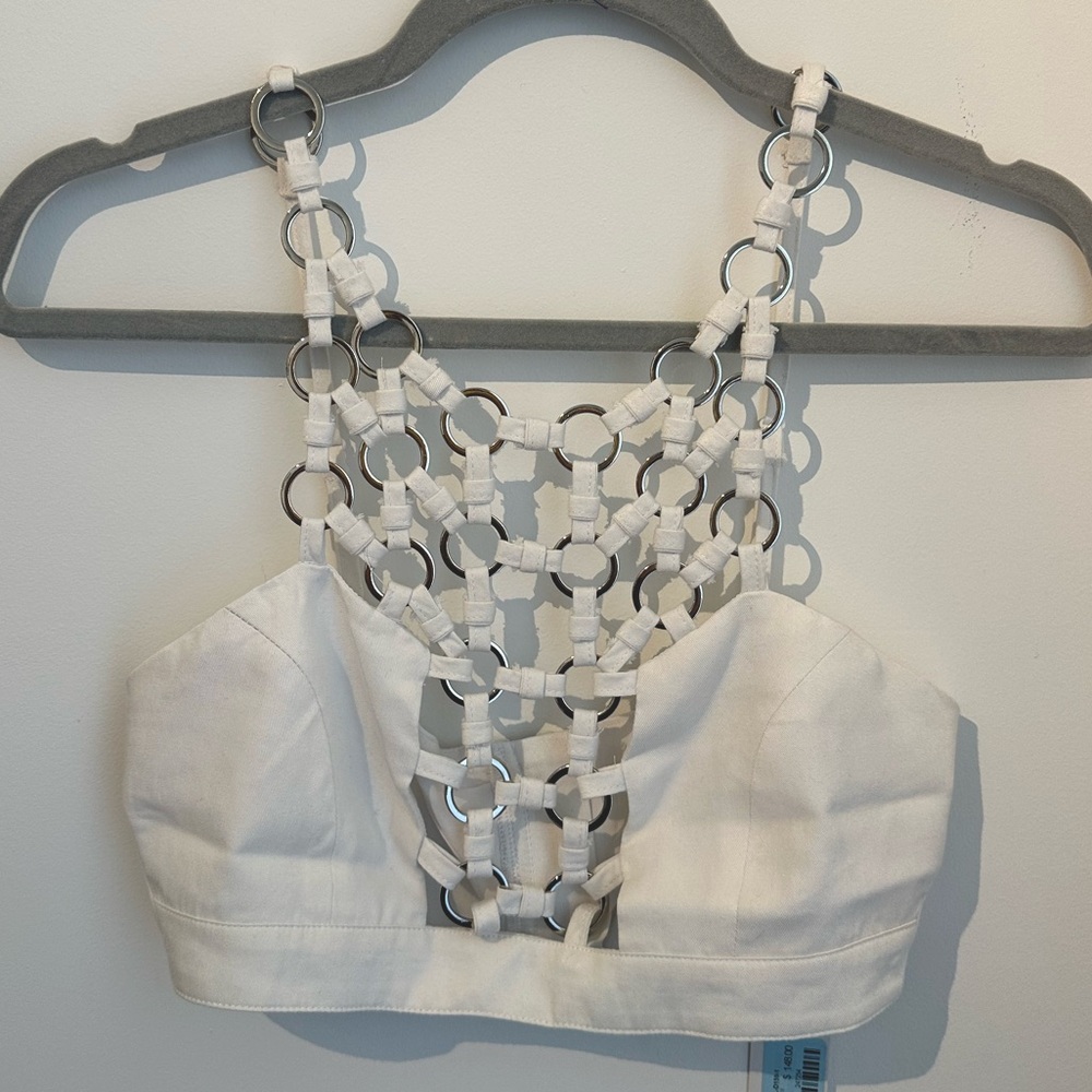 NWT XS Millau White Crop Top With Silver Metal Design